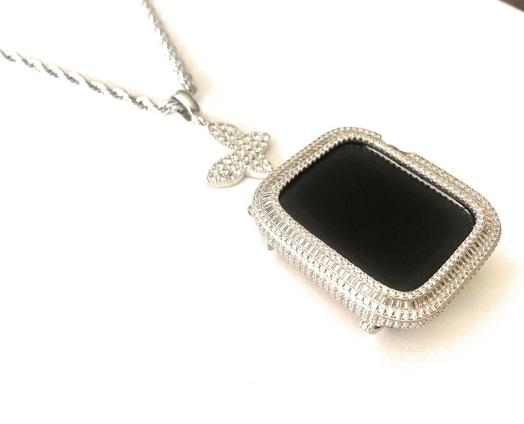 Apple Watch Butterfly Pendant Charm Necklace Chain Silver Bezel Case