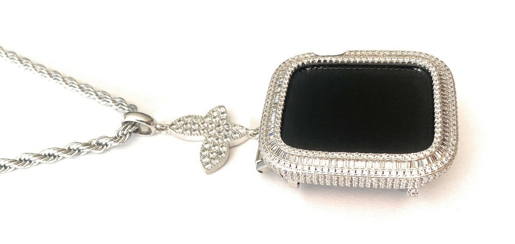 Apple Watch Butterfly Pendant Charm Necklace Chain Silver Bezel Case
