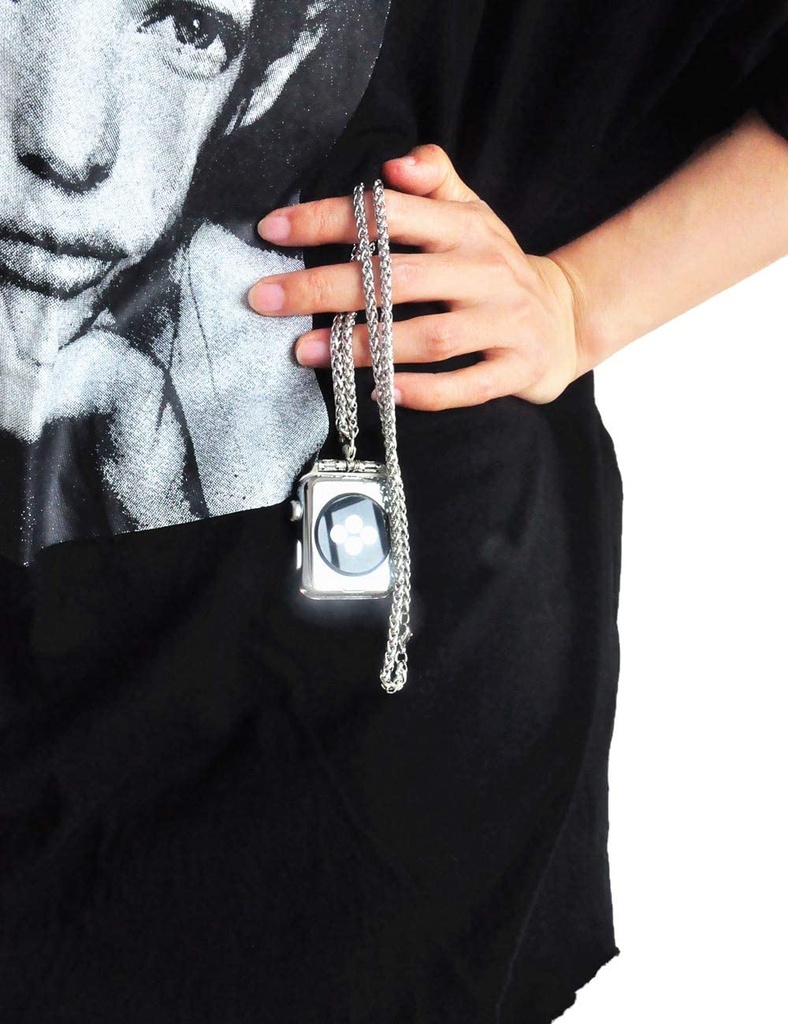 Stainless Steel Chain Necklace Smartwatch Band 42mm Series 3 2 1 / 44mm Series 4 Polished Silver Metal